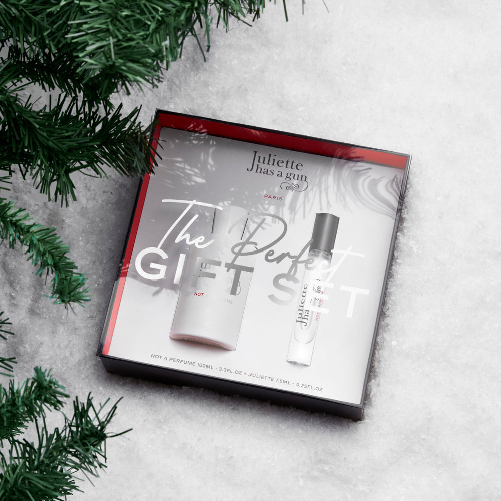 the perfect gift set on snow by a christmas tree